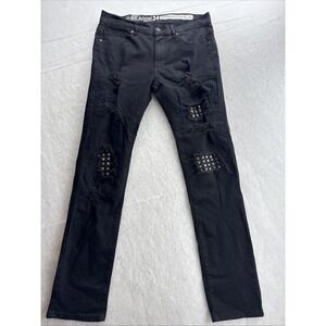 REASON  Distressed Jeans Sequin Patches Ripped Black Denim Men Size 34/32 Spikes